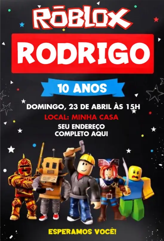 Convite Roblox – tema Aniversário colorido, moderno, jogos, divertido, infantil, temático