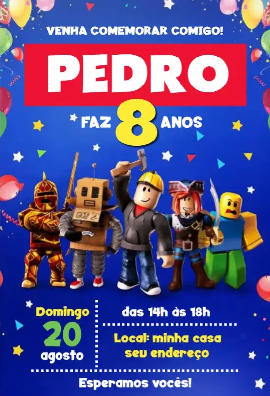 Convite Roblox – tema Aniversário azul, moderno, temático, jogos, diversão, infantil