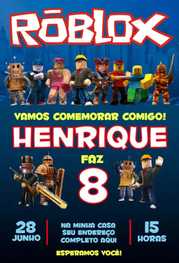 Convite Roblox – tema Aniversário colorido, jogos, moderno, divertido, infantil, tecnológico