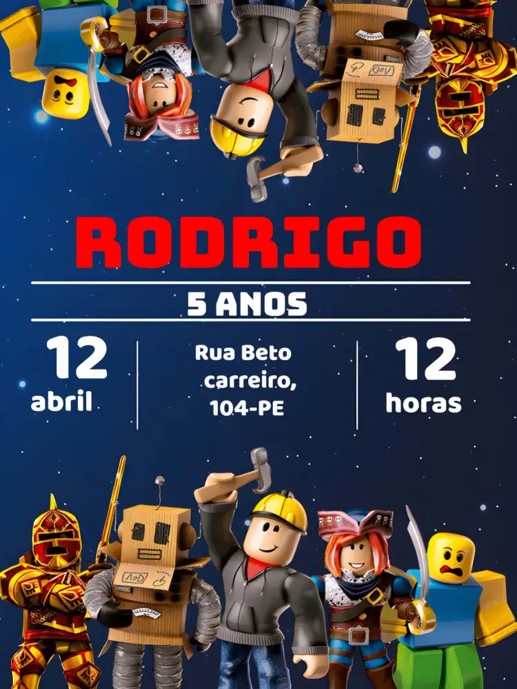 Convite Roblox – tema Mais pesquisados colorido, moderno, jogos, divertido, infantil, temático