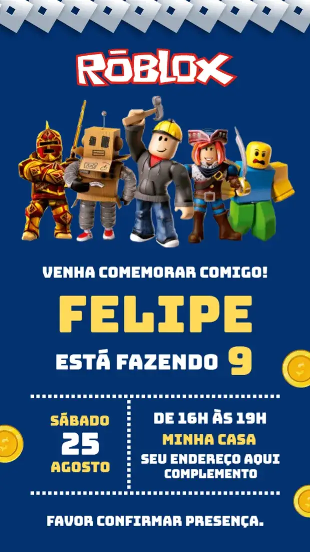 Convite Roblox – tema Aniversário Infantil azul vibrante, tema de jogo, elementos gráficos do Roblox, divertido, moderno, infantil