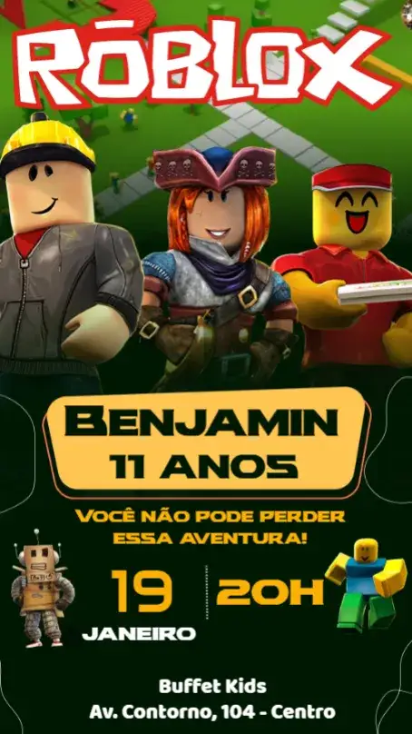 Convite Roblox – tema Aniversário Infantil colorido, jogos, divertido, moderno, temática digital
