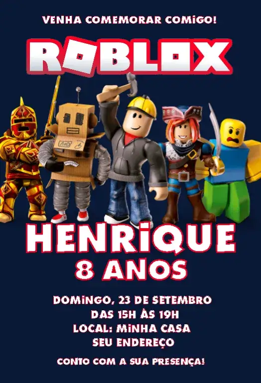 Convite Roblox azul menino – tema Cartão moderno, divertido, jogos, azul marinho, infantil, temático