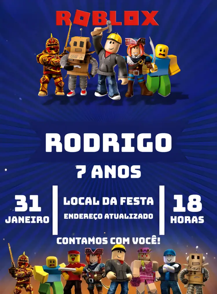 Convite Roblox Branco – tema Mais pesquisados modernos, coloridos, jogos, infantil, temáticos, divertidos