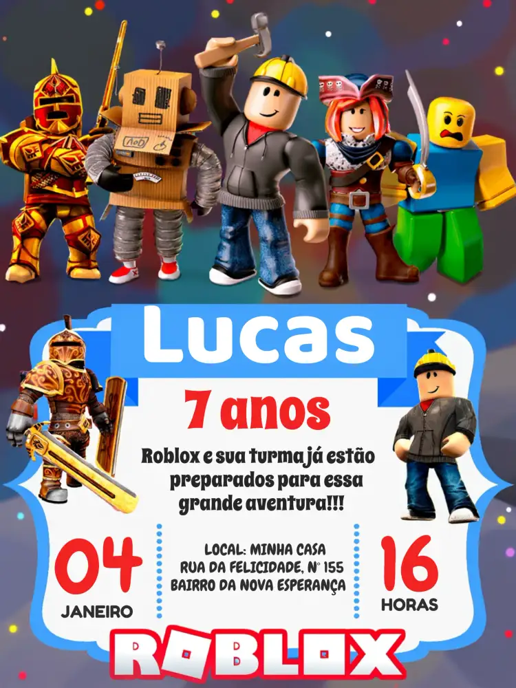 Convite Roblox Branco – tema Mais pesquisados branco, azul, vermelho, divertido, moderno, jogos