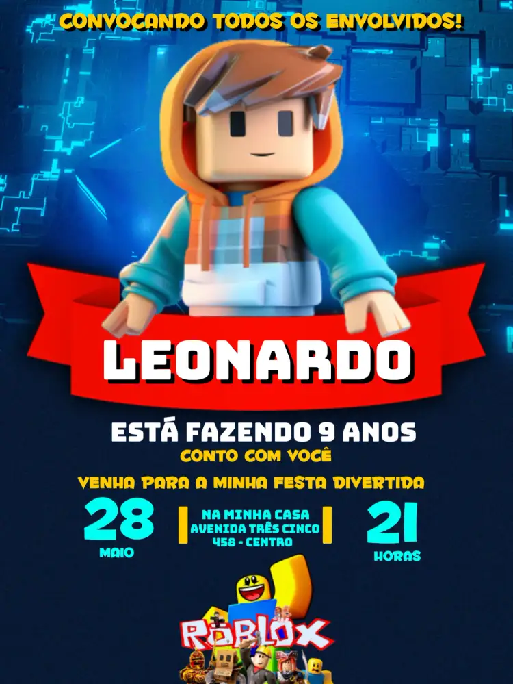 Convite Roblox Game – tema Mais pesquisados colorido, moderno, divertido, jogos, infantil, tecnológico