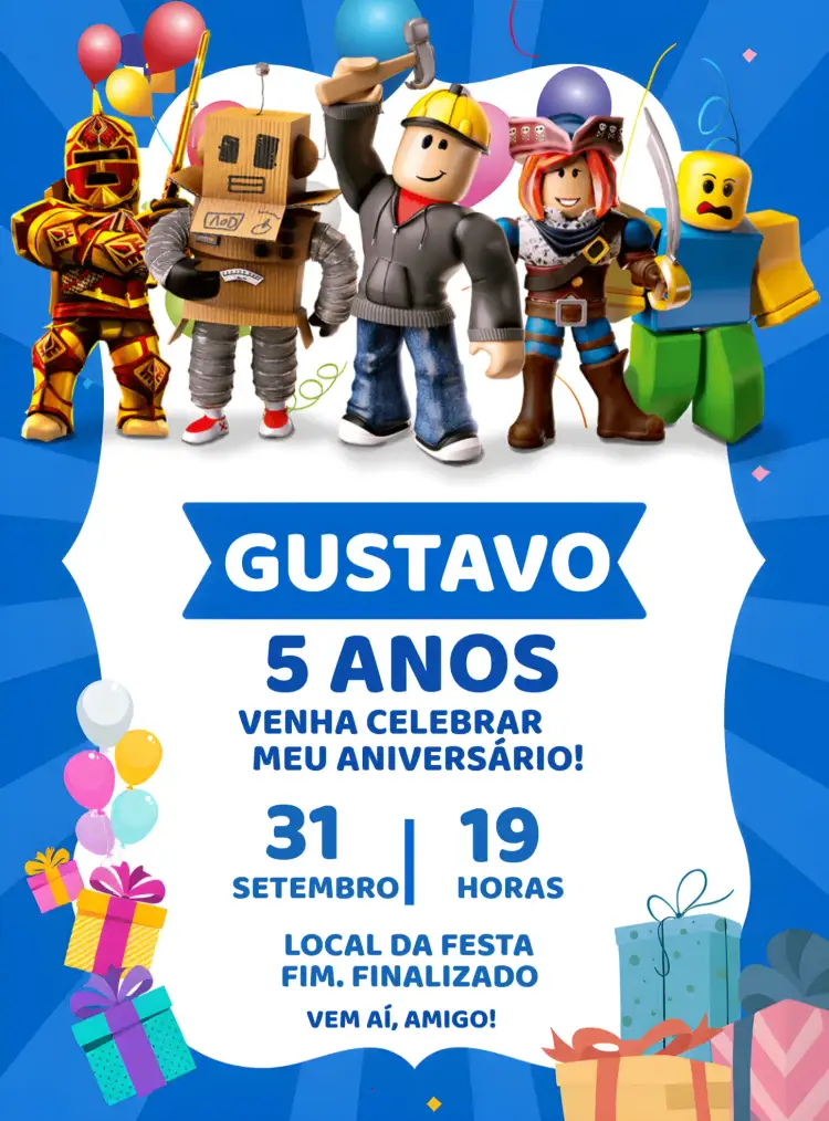 Convite Roblox Lego Azul – tema Mais pesquisados azul, quadrinhos, moderno, divertido, jogos, infantil