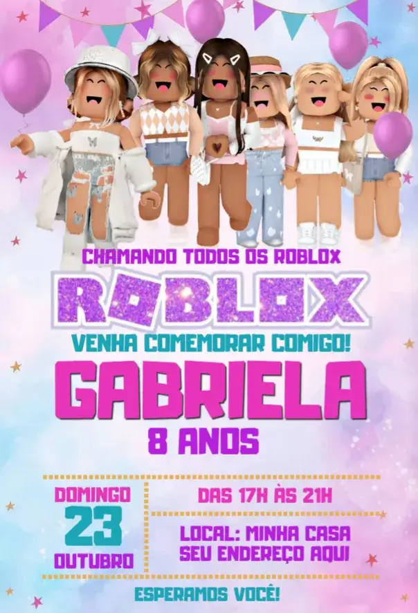 Convite Roblox menina – tema Aniversário rosa, moderno, divertido, jogos, infantil