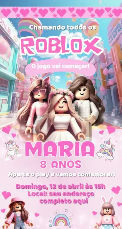 Invitación Chica Roblox editable y personalizable