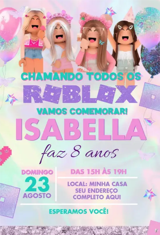 Invitación Chica Roblox editable y personalizable