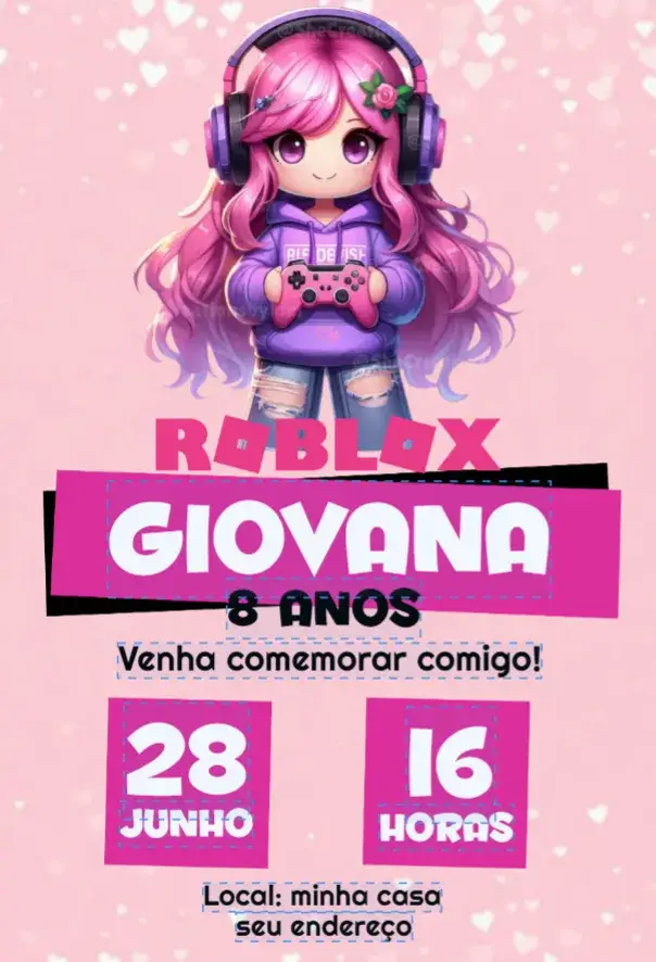 Invitación Chica Roblox editable y personalizable