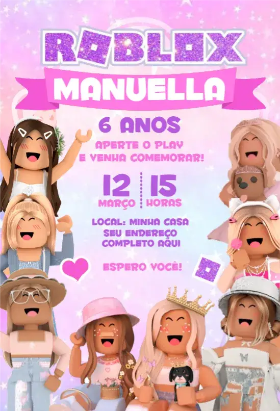 Convite Roblox menina – tema Aniversário rosa, lilás, roxo, brilho, glitter, moderno