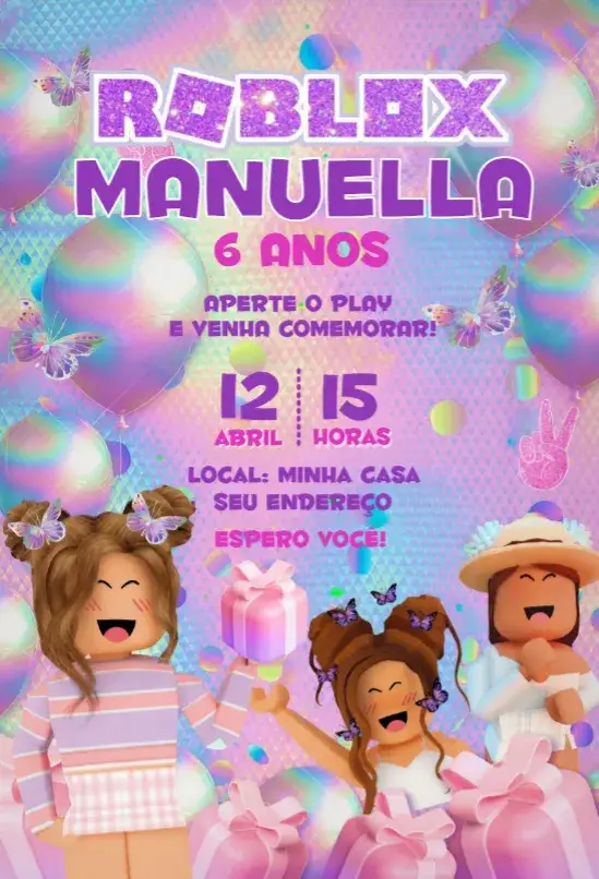 Invitation Roblox girl – Birthday theme pink, lilac, purple, sparkle, glitter, Roblox-themed