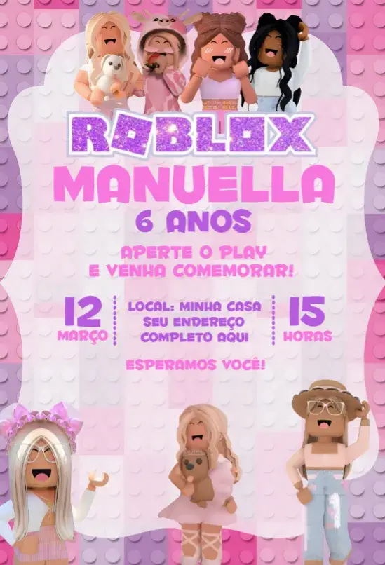 Invitación Chica Roblox editable y personalizable