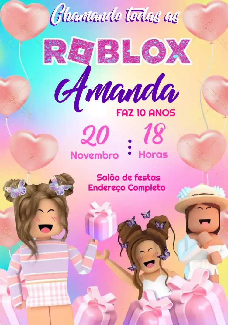 Convite Roblox Menina – tema Mais pesquisados rosa, roxo, branco, jogos, divertido, moderno