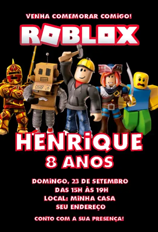 Convite Roblox Menino Preto – tema Aniversário Infantil colorido, divertido, moderno, jogos, infantil, temático