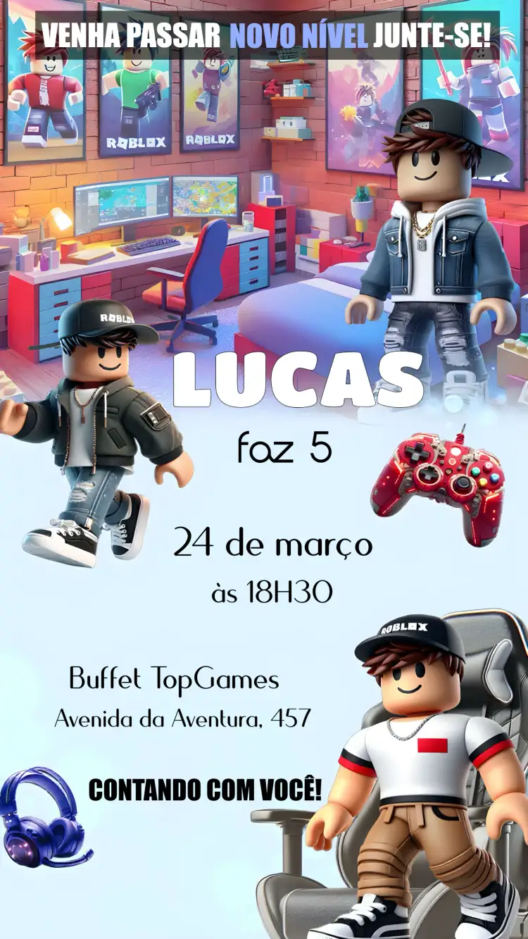 Convite Roblox Menino Robux – tema Mais pesquisados gamer, azul, moderno, divertido, infantil