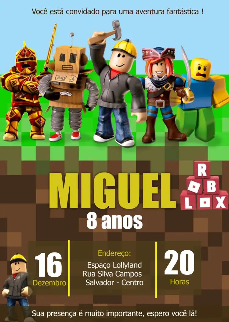 Convite Roblox Robux – tema Aniversário Infantil colorido, divertido, moderno, temático, jogos, infantil