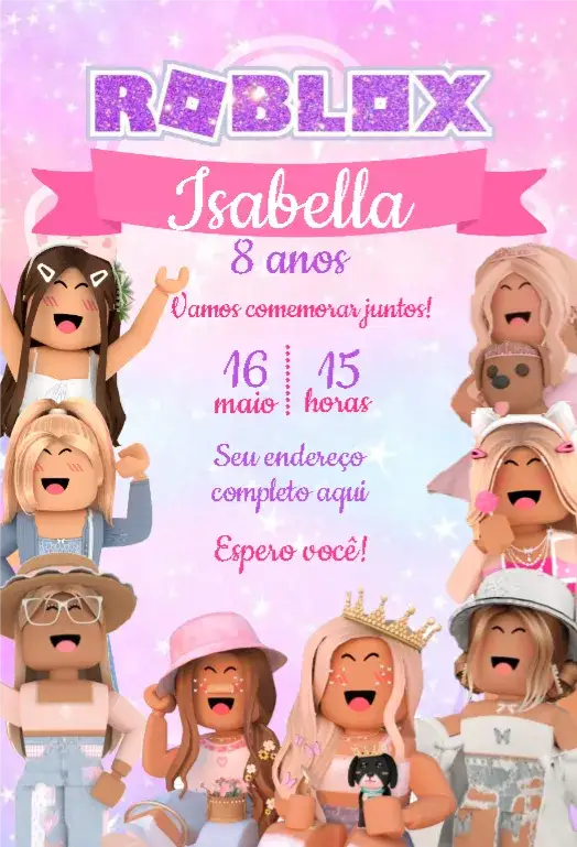 Convite Roblox Rosa – tema Aniversário Infantil rosa, divertido, jovial, colorido, temático