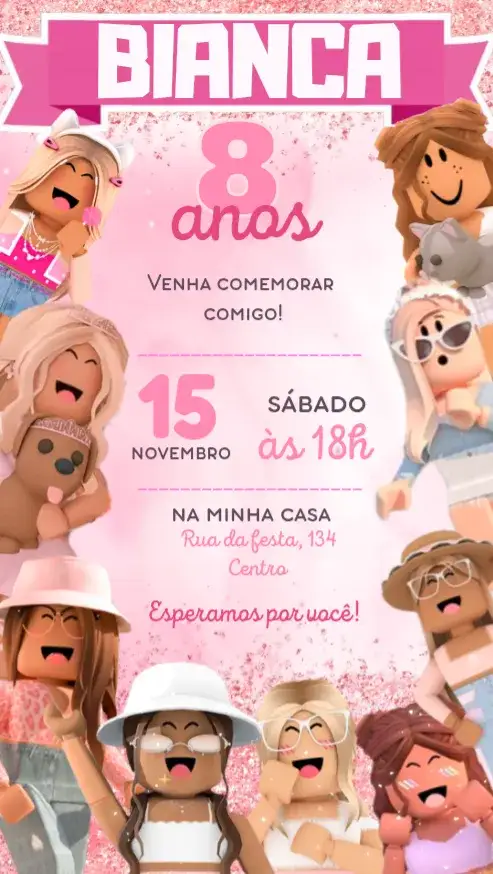Convite Roblox rosa – tema Aniversário Infantil rosa, pastel, temática de jogos, moderno, divertido, infantil