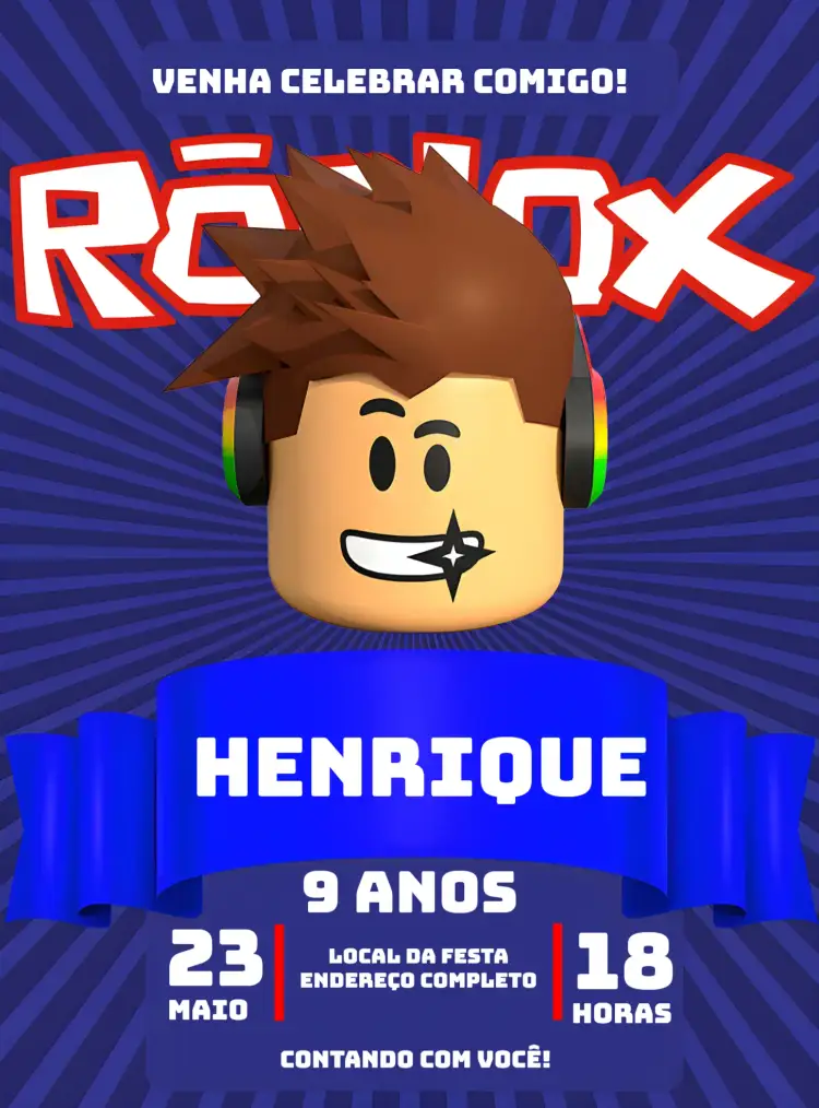 Convite Roblox Vermelho – tema Mais pesquisados vermelho, azul, moderno, divertido, jogos, temático