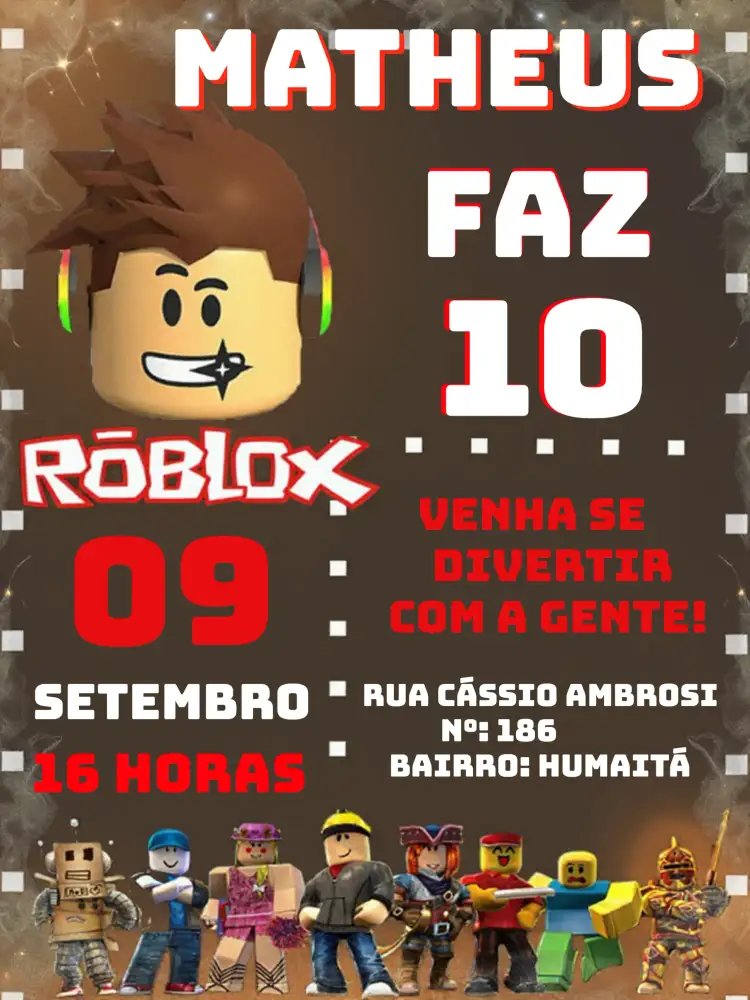 Convite Roblox Vermelho – tema Mais pesquisados vermelho, preto, branco, moderno, divertido, jogos