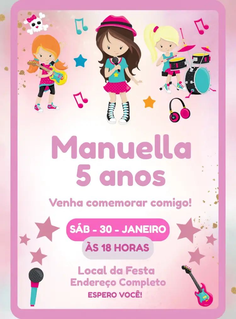 Convite Rock And Roll Música – tema Mais pesquisados rock, vibrante, moderno, musical, colorido, jovem
