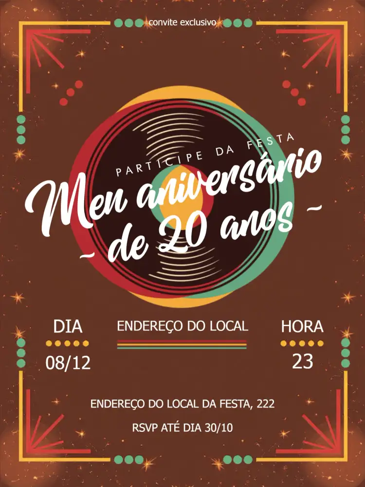 Convite Rock - Vinil Vintage Marrom – tema Aniversário vintage, rock, marrom, música, retrô
