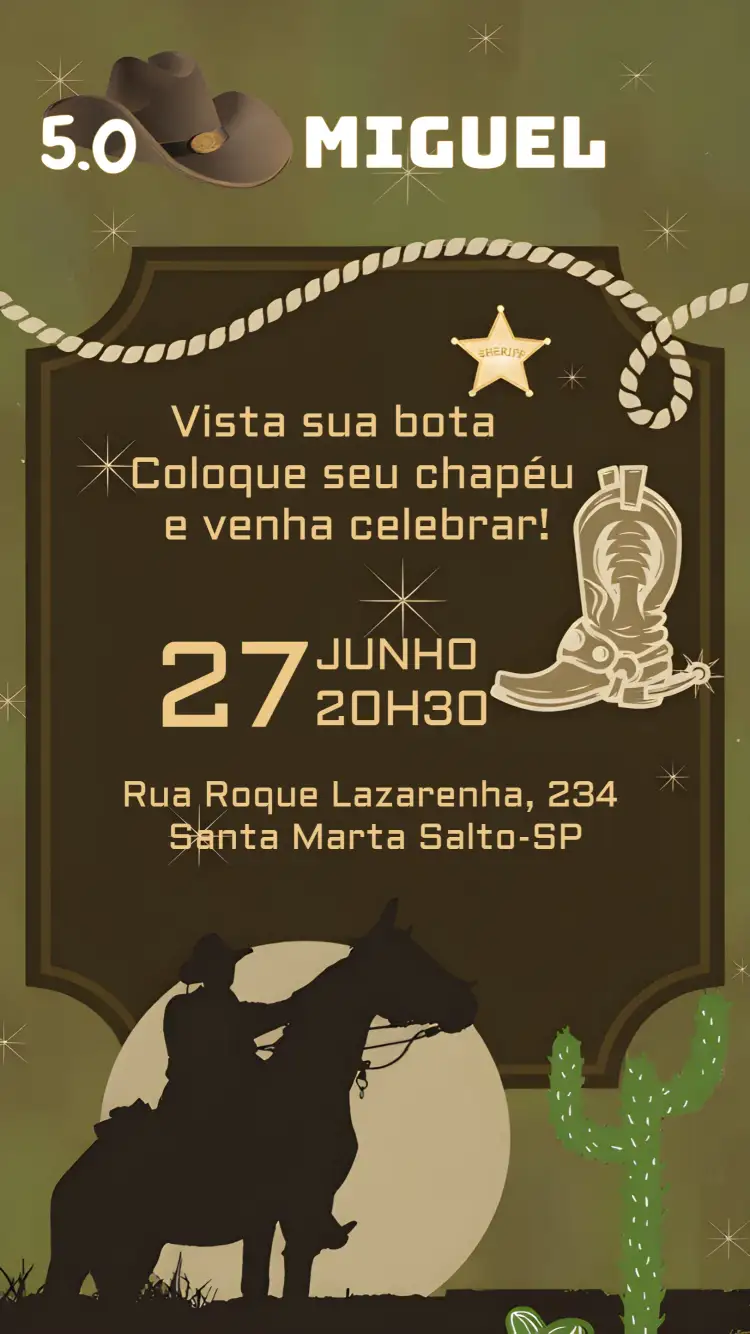 Convite Rodeio Country Vaqueiro – tema Aniversário rústico, country, madeira, marrom, vaqueiro, cavalo