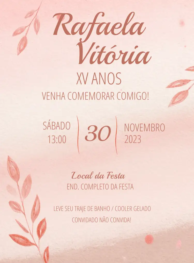 Convite Rosa 15 Anos Festa – tema 15 anos rosa, delicado, moderno, feminino, elegante, festivo