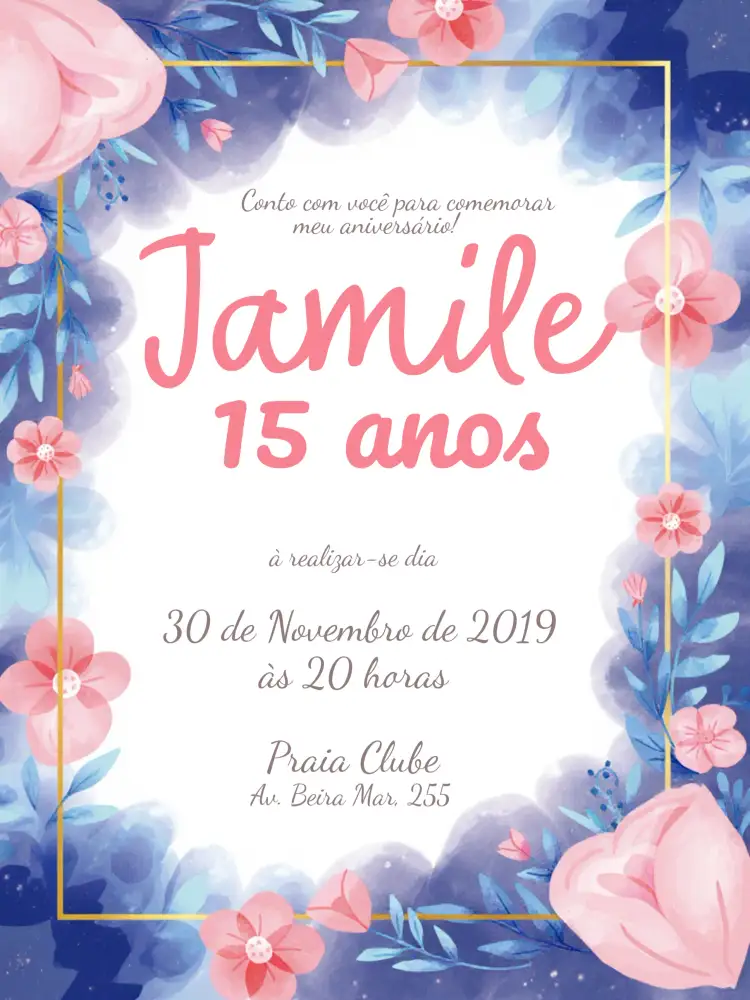 Convite Rosa Floral - 15 Anos Delicado – tema 15 anos floral, delicado, rosa, moderno, elegante, feminino
