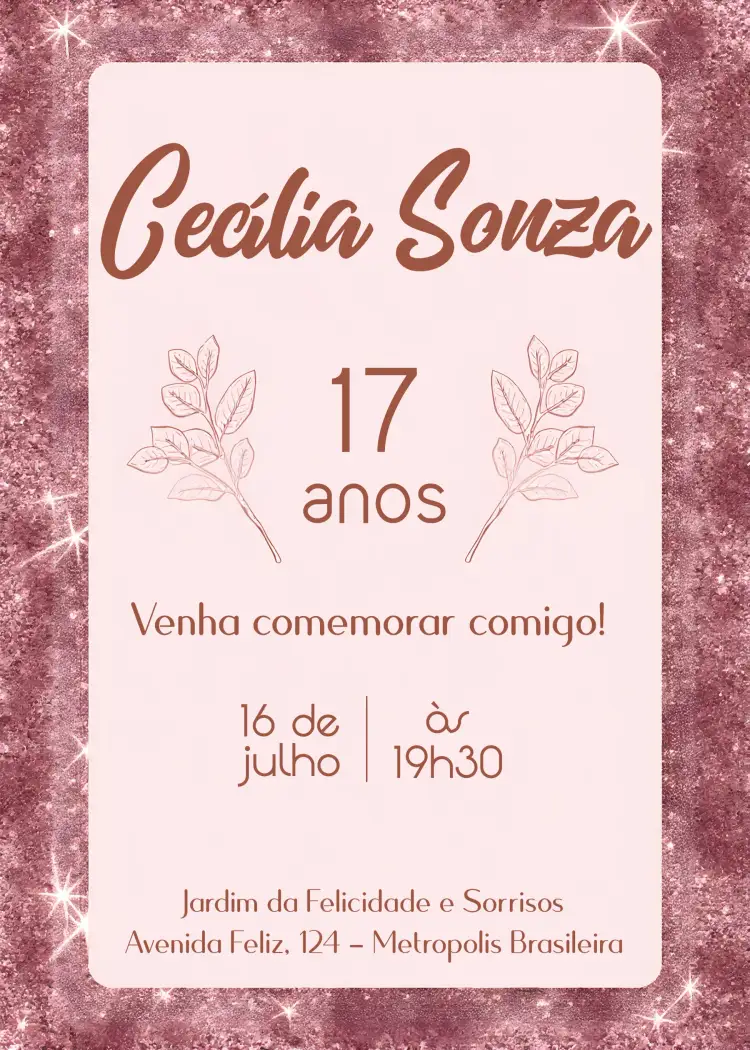 Convite Rosa Glitter Adulto – tema Aniversário glitter, rosa, moderno, elegante, minimalista