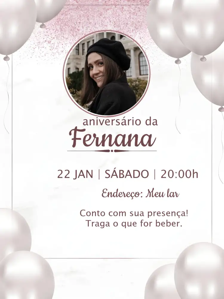 Convite Rosê Adulto Com Foto Balão – tema Aniversário rosa, prateado, glitter, balões, moderno