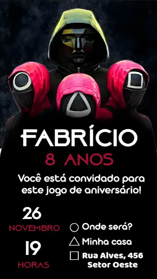 Convite Round 6 – tema Aniversário moderno, vibrante, temático, jogos, colorido