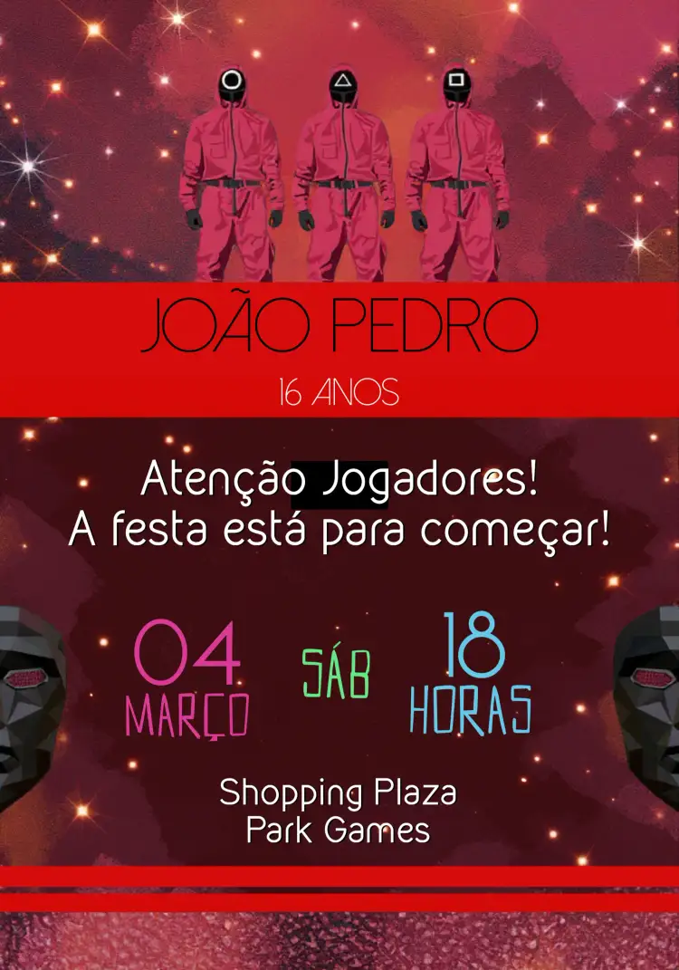 Convite Round 6 Festa – tema Aniversário Infantil temática de jogos, cores vibrantes, elementos gráficos divertidos, estilo moderno, design interativo, inspirado em séries