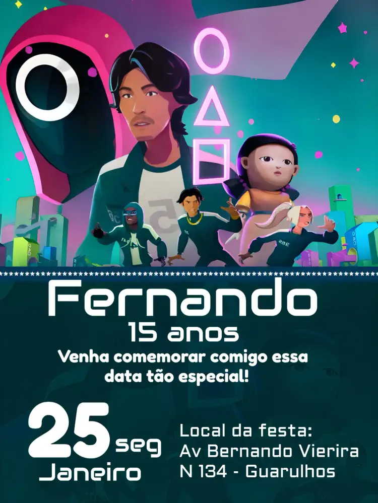 Convite Round 6 Netflix – tema Mais pesquisados moderno, vibrante, temático, gráfico, divertido