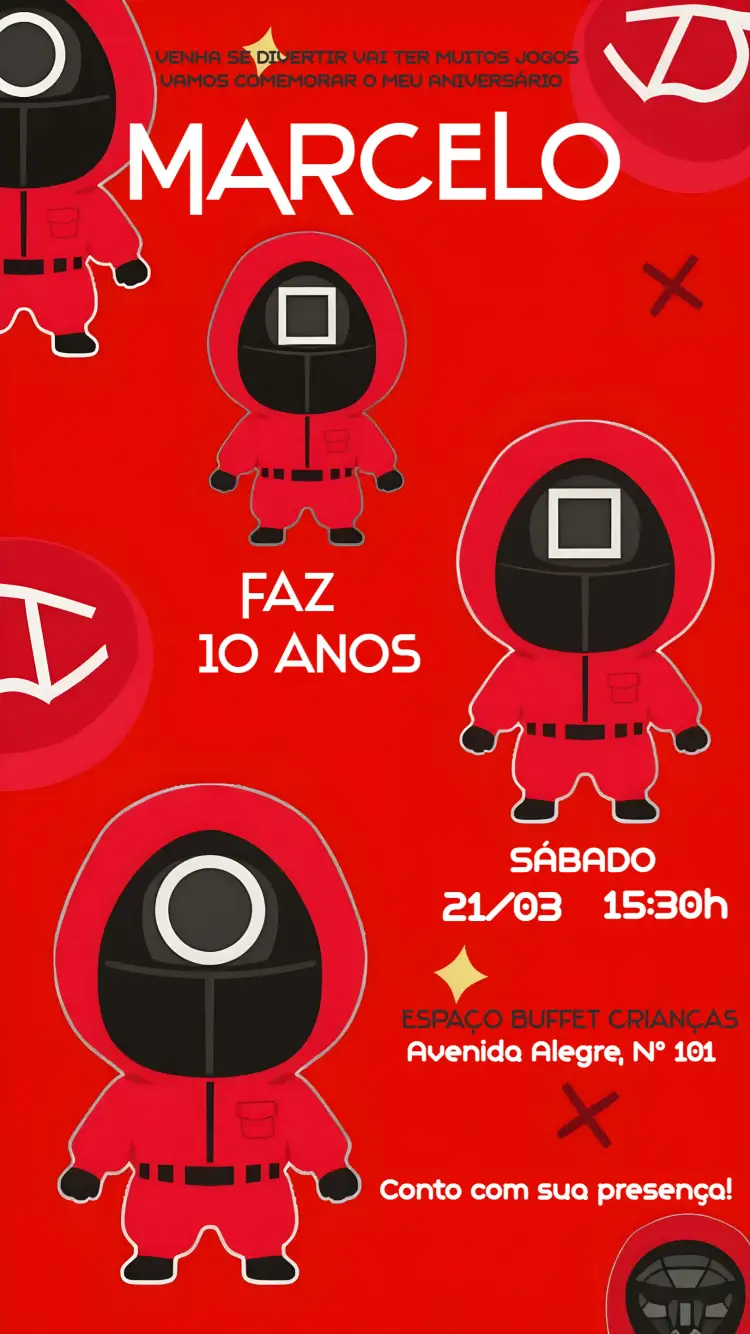 Convite Round 6 Squid Game Neflix – tema Mais pesquisados moderno, animado, temático, colorido, divertido, minimalista
