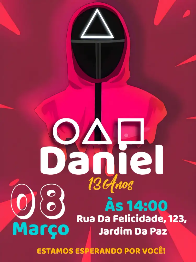 Convite Round 6 Squid Game Netflix – tema Mais pesquisados moderno, colorido, divertido, temático, jovial, inspirado na série