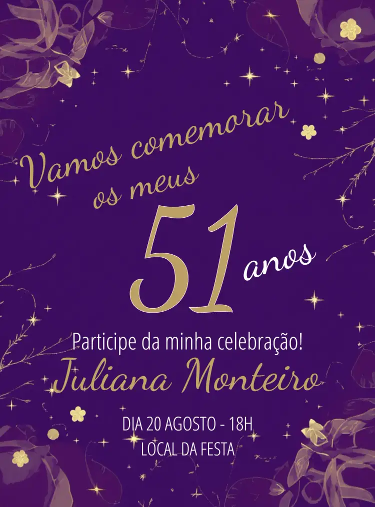 Convite Roxo E Dourado Estrelas 50 – tema Aniversário roxo, dourado, estrelas, elegante, moderno