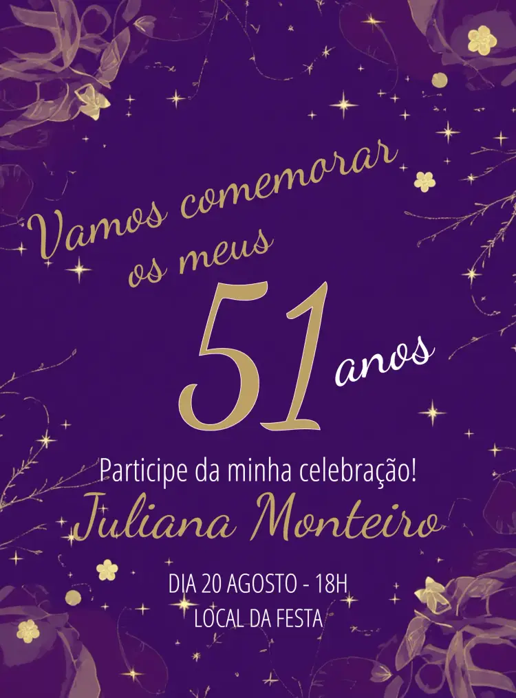 Convite Roxo E Dourado Estrelas 50
