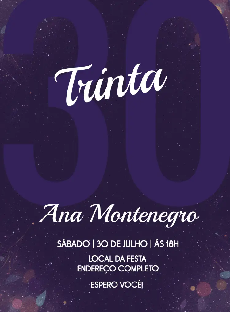 Convite Roxo Trinta Anos Trintei – tema 15 anos roxo vibrante, moderno, elegante, festivo, contemporâneo