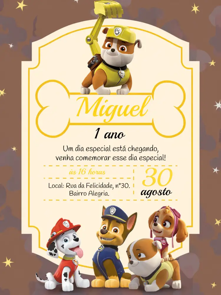 Convite Rubble Patrulha Canina Marshall – tema Aniversário Infantil amarelo, divertido, infantil, colorido, lúdico