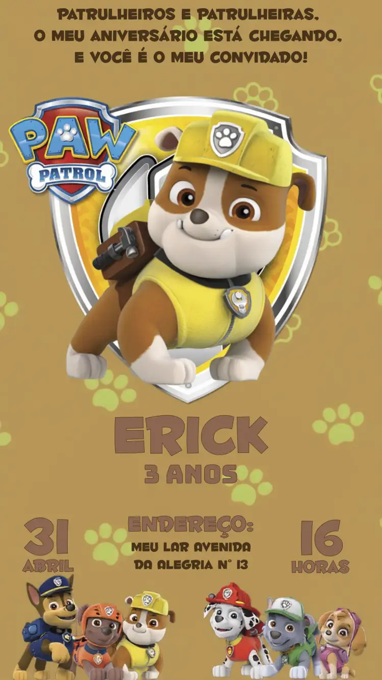 Convite Rubble Patrulha Canina Patrol – tema Aniversário Infantil divertido, colorido, infantil, temático, animado