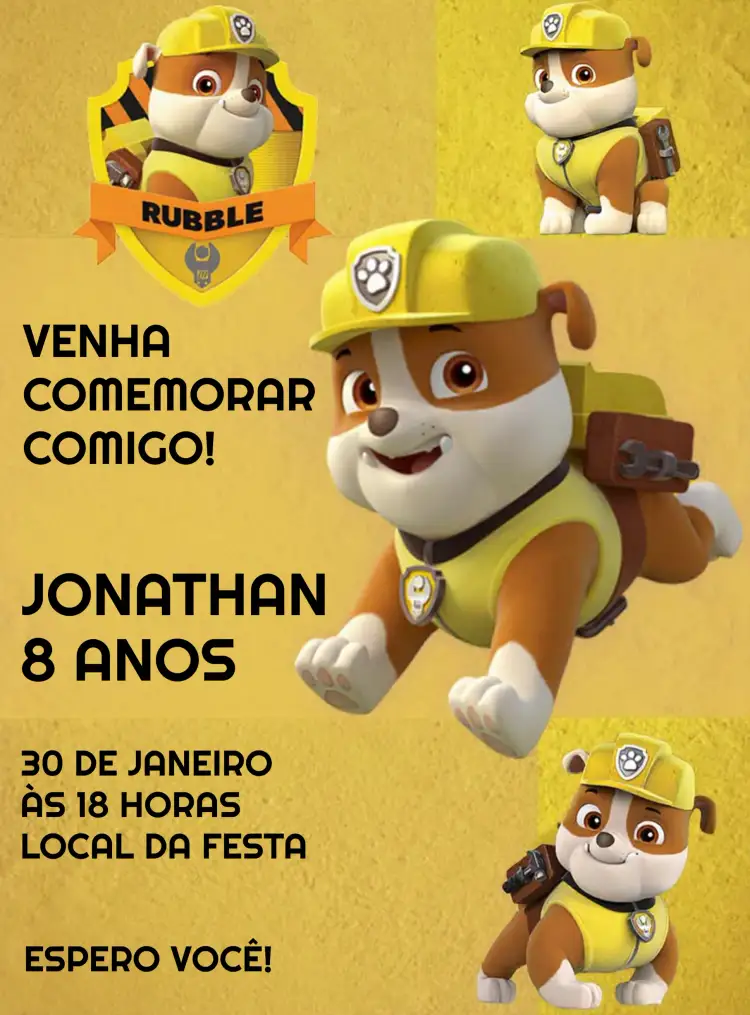 Convite Rubble Patrulha Canina Rocky – tema Aniversário Infantil colorido, divertido, temático, infantil, animado
