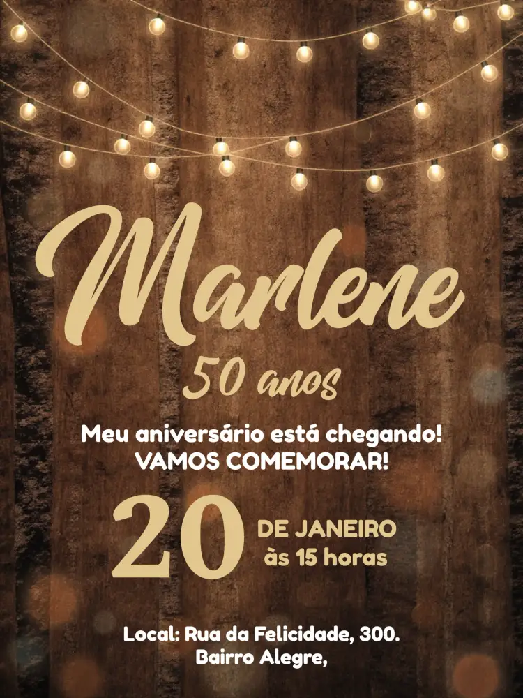 Convite Rústico Madeira Adulto – tema Aniversário rústico, country, madeira, natural, luzes, aquecido