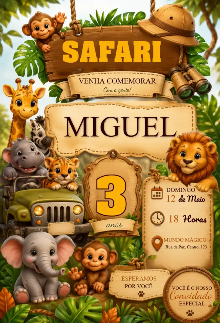 Convite Safari – tema Mais pesquisados colorido, divertido, selvagem, tropical, infantil, natureza