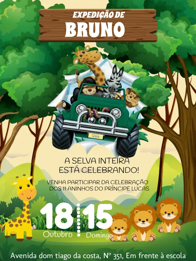 Convite Safári Animado - Animais Na Floresta Claro