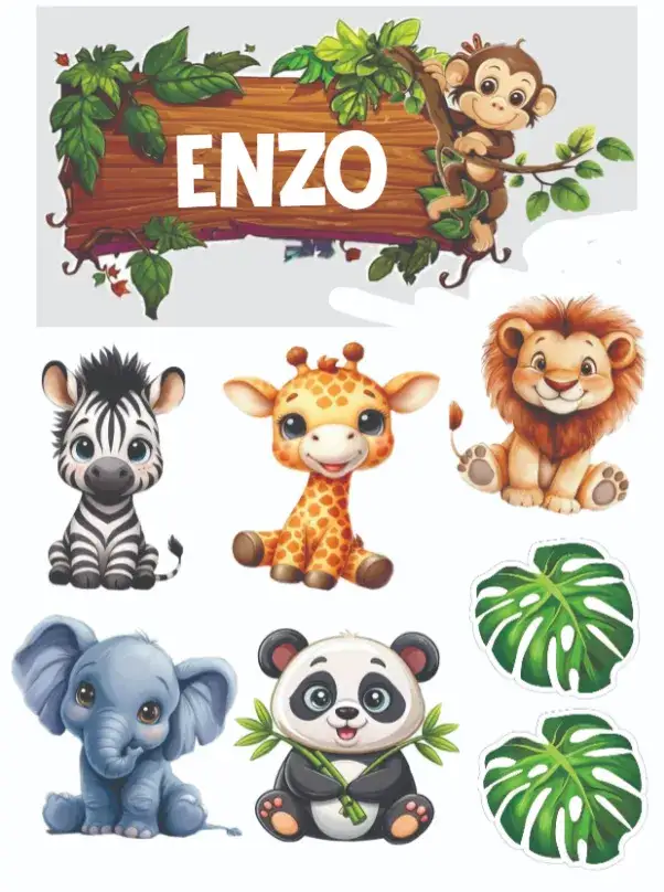 Invitation Safari Baby – Cake topper theme safari visuals, vibrant colors, playful design, cute animals, tropical style, fun illustrations