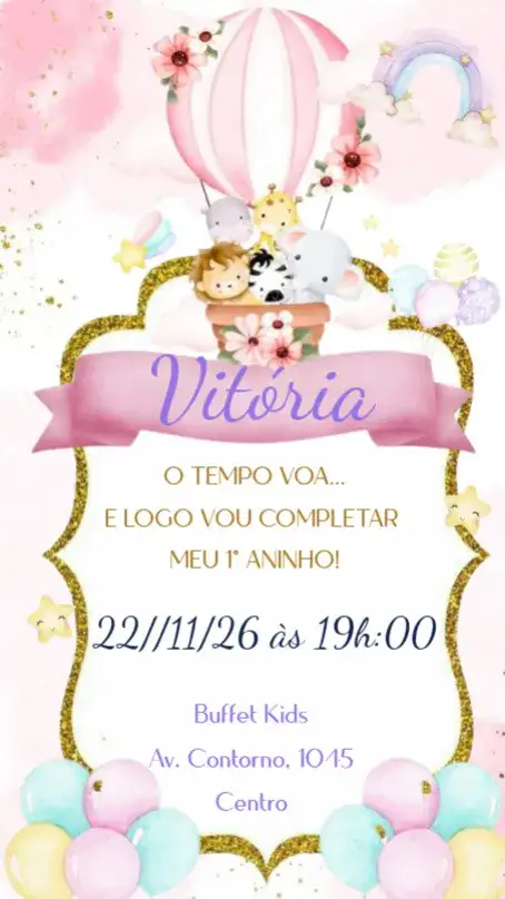 Convite Safari Baloeiro – tema Aniversário Infantil colorido, lúdico, temático, animais, selvagem, festivo