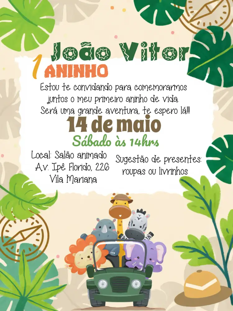 Convite Safari Bichinhos – tema Datas Comemorativas animais selvagens, cores vibrantes, savana, ilustrações lúdicas, temática divertida